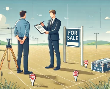 DALL·E 2024-12-20 11.08.57 - A professional and clear depiction of land acquisition. The image features a real estate agent or surveyor standing in an open field holding a clipboa